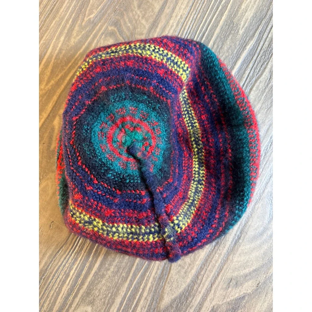 Vintage Striped Knit Beret Hat Unisex OS Multicolor Excellent Pom Pom Top